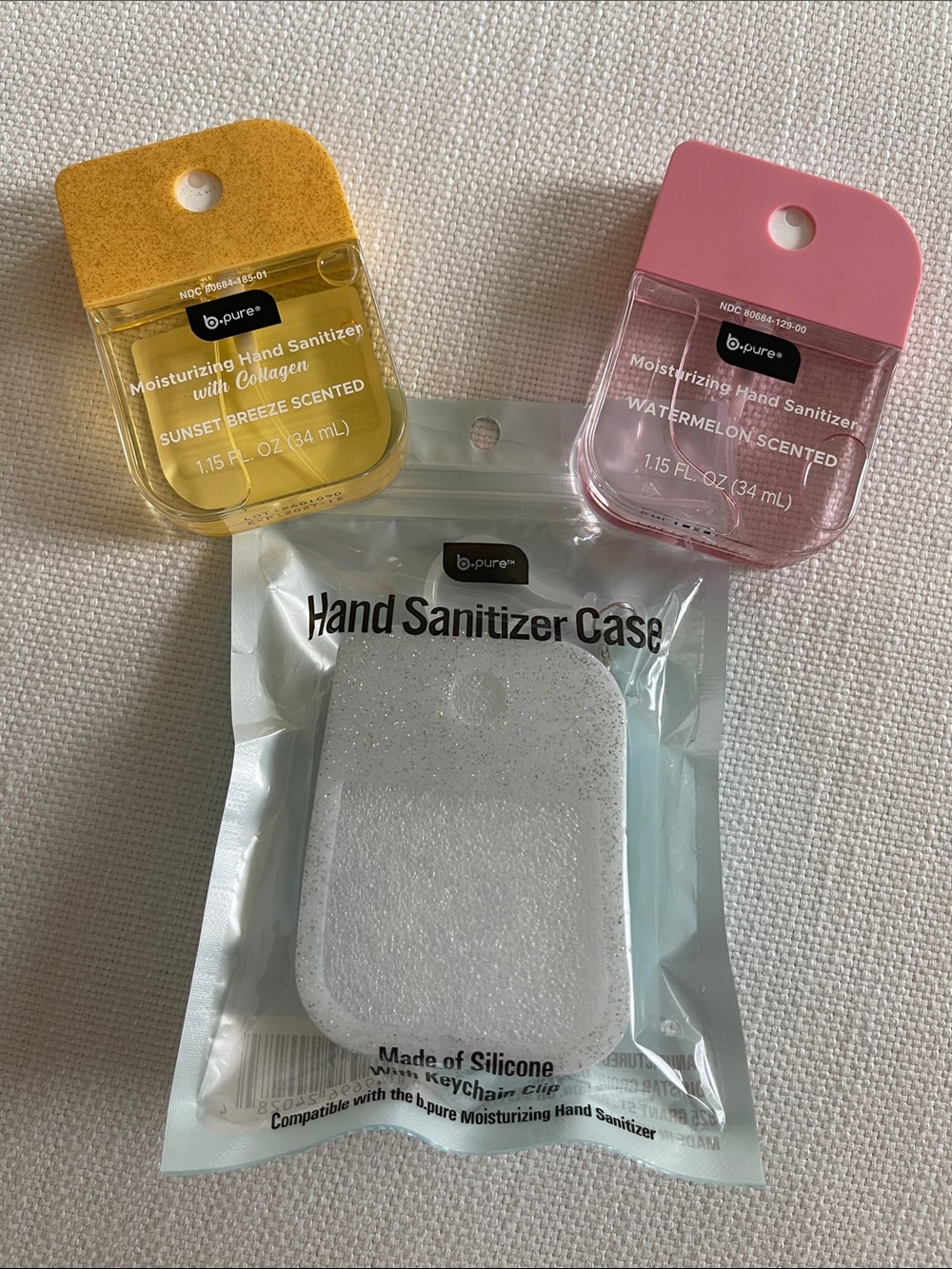 b-pure Hand Sanitizer Glitter Case with Yellow & Pink spray Sanitizers. NWT